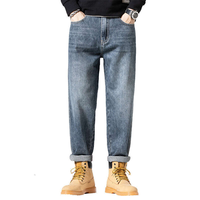 Spring and Autumn New Men 2024 Korean Version Straight Leg Jeans Mens Micro Elastic Casual Plus Size High-end Harun Pants Nine Points Jeans for Pregna