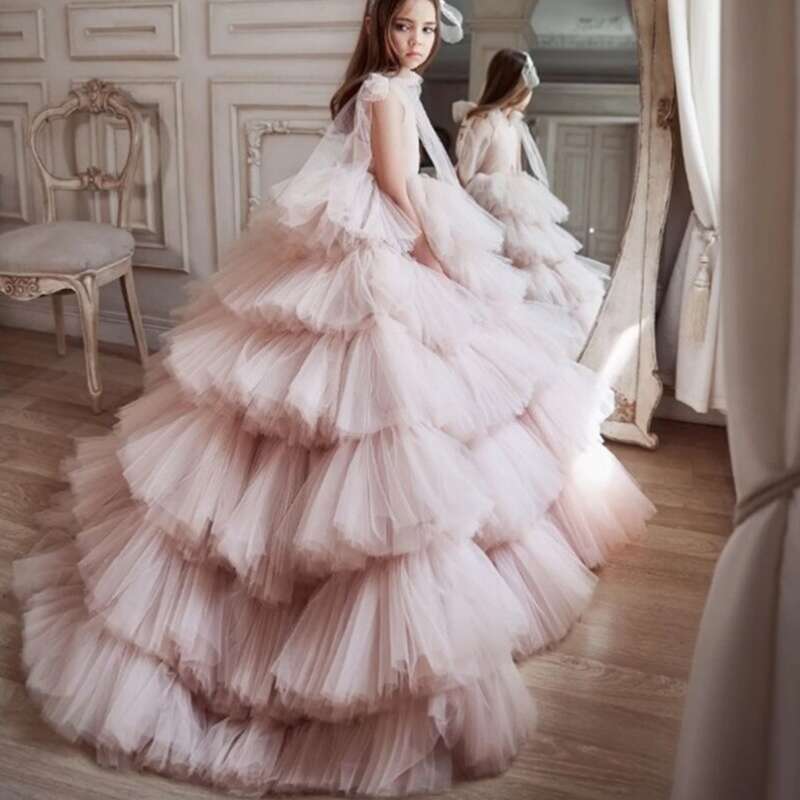wer Girl Dresses Pink Black Tulle Tiered With Taig Bow Sleeve For Wedding Birthday Party First Communion Gowns
