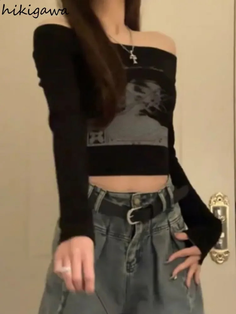 Black Woman Tshirts Slash Neck Long Sleeve Print Tees Ropa Mujer Harajuku Sexy Crop Tops Fashion Korean Casual Y2k T Shirt 240716