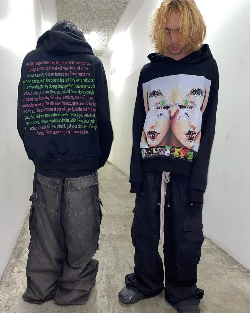 Y2k American Street Fashion Anime Letter Graffiti Print Oversized Hoodie Men Goth Hip Hop Fashion Pullover Sweatshirt Women 240726