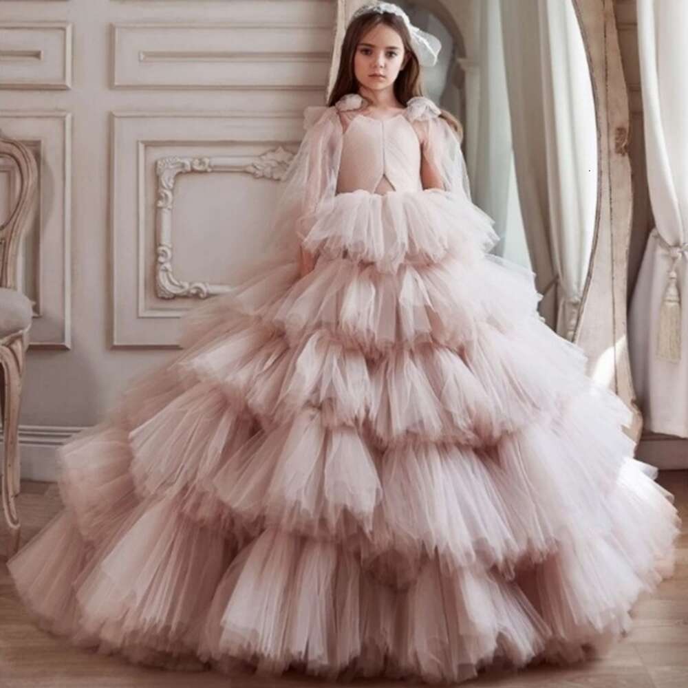 wer Girl Dresses Pink Black Tulle Tiered With Taig Bow Sleeve For Wedding Birthday Party First Communion Gowns