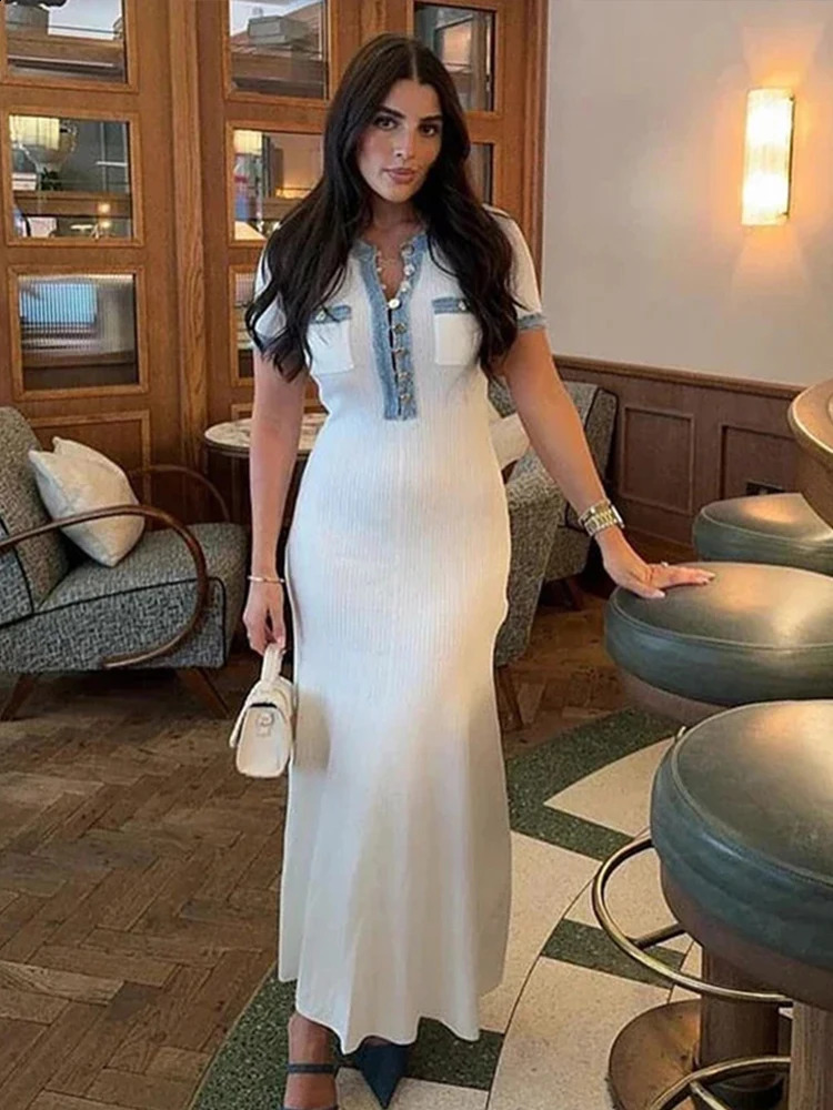 Elegant Knit Ribbed Denim Patchwork Long Dress Women O-neck Short Sleeve Buttons Pockets Dresses 2024 Summer Fashion Vestidos 240715