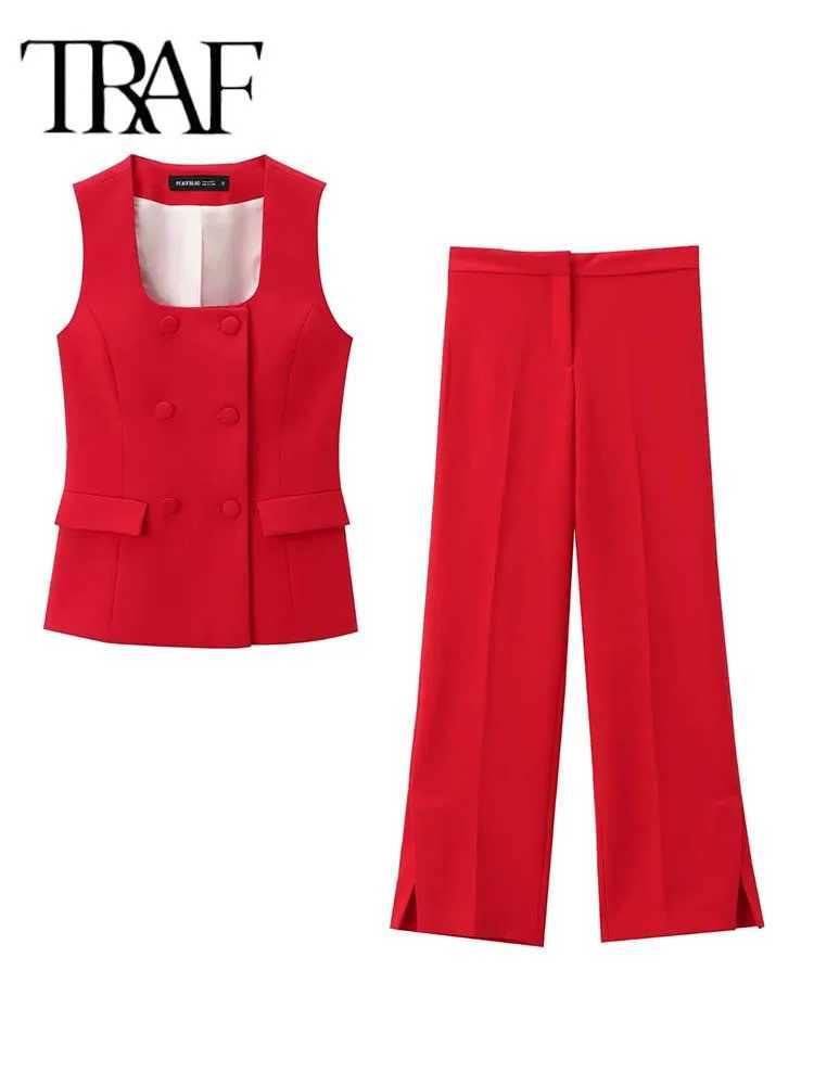 TRAF Women 2 Pieces Sets New Fashion Office Vest Top+Split Straight Leg Pants Womens Suit Formal Two Piece Set Women Outfit X250704