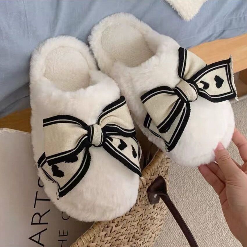 Cozy 2024 Winter Plush Bow Cotton for Women, Warm Indoor Home Slippers