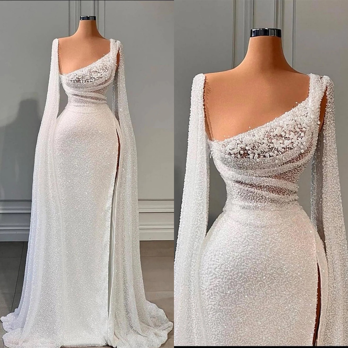 Simple Mermaid Evening Dresses Sheer Neck Long Sleeves Gown Sequins Pearls Sweep Train Prom Party Dress Custom Made