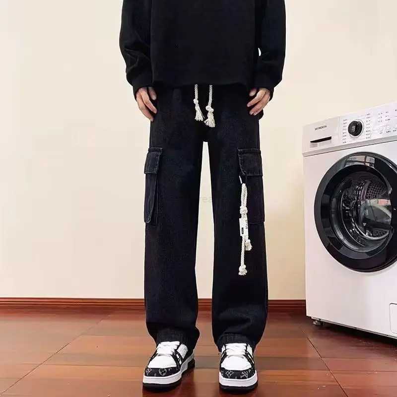 2025S Fashion Designer Foufurieux Baggy Trousers Male Denim Black Wide Leg Mens Jeans Oversize Cargo Korean Streetwear Hip Hop Pants