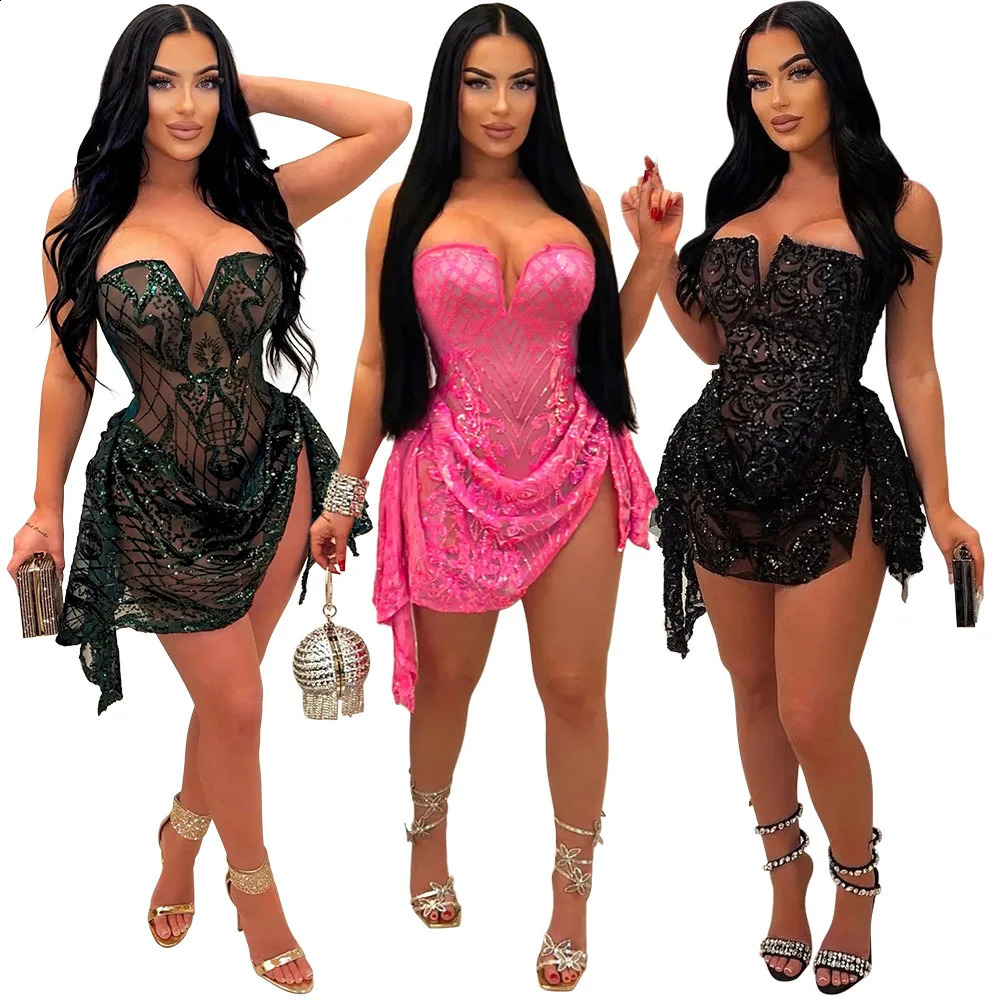 Sequin Ruffle Dress Lady Sexy Party Bodycon Evening Dresses 2024 Women Summer Clothes Elegant Birthday Club Mini Dresses 240726