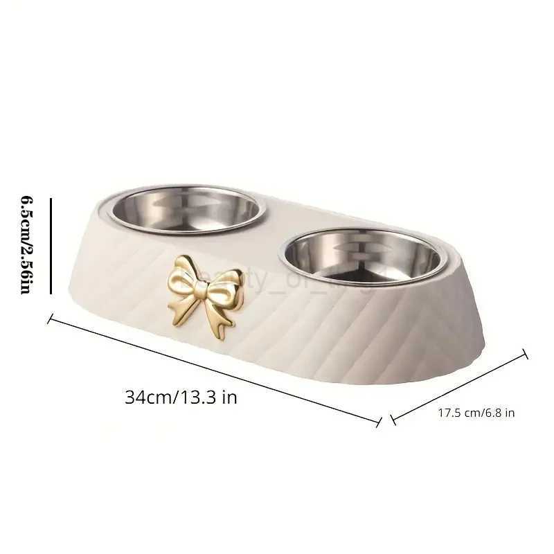 Cats and dogs special light luxury bow stainless steel double bowl convenient feeding and watering food bowl dog bowl zxx240726