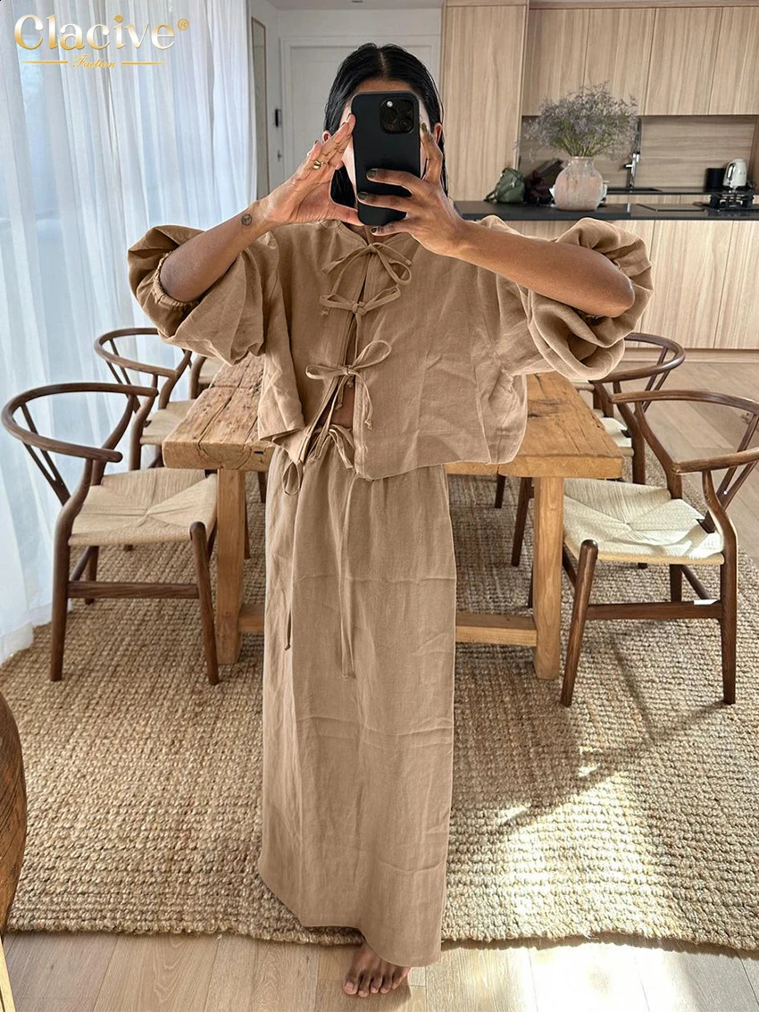 Clacive Casual Loose Khaki Cotton 2 Piece Sets Women Outfit Fashion Puff Sleeve Lace-Up Shirt With High Waist Long Skirts Set 240726
