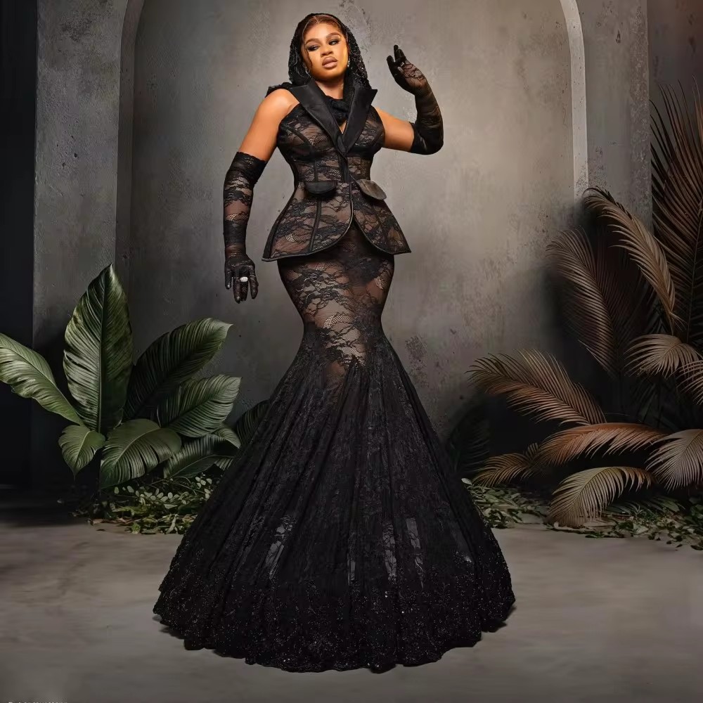 Sexy See Through Lace Prom Dresses Without Gloves Peplum Mermaid Evening Dress Plus Size Women Party Gowns robes de soiree