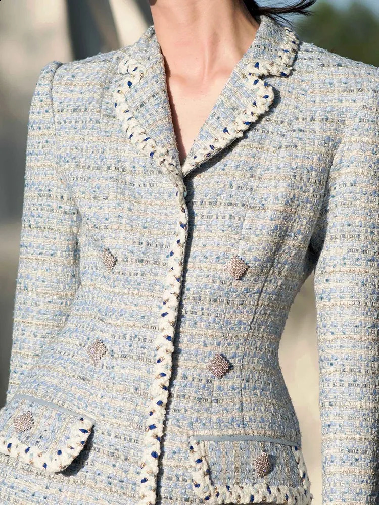 Light Blue tweed dress spring / autumn womens dress ladies slim bottoming dress one-piece 240717