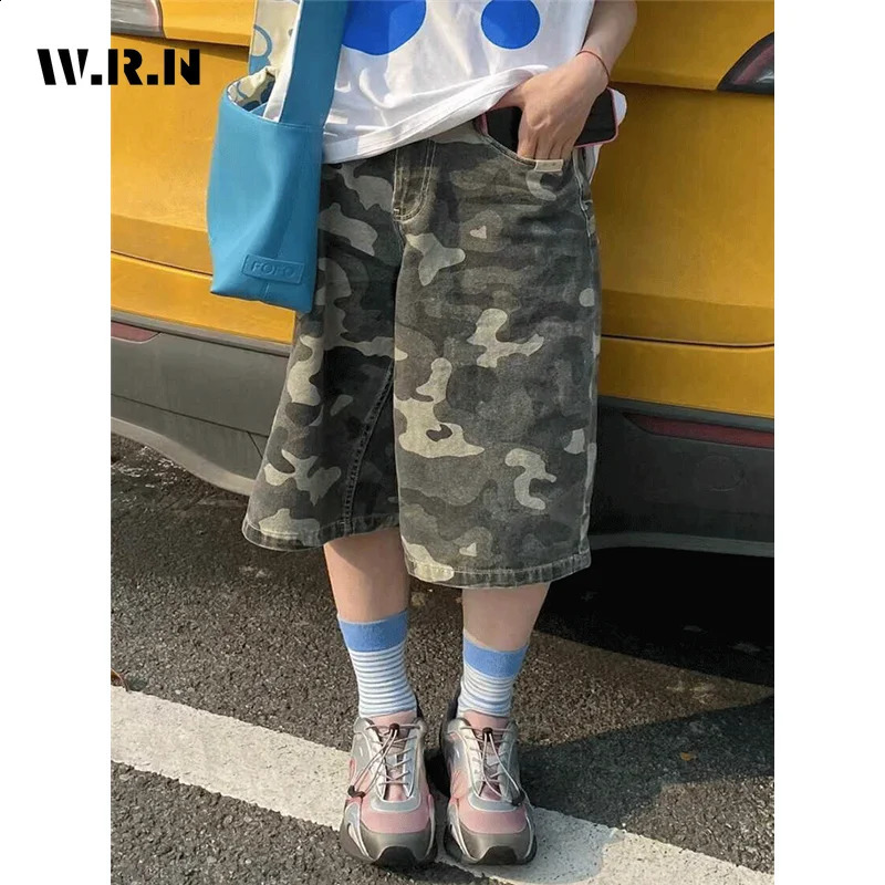 American Vintage Camouflage Trashy Jeans Summer Womens Casual Baggy Y2K Shorts Wide Leg Grunge Street Style Denim Shorts 240717