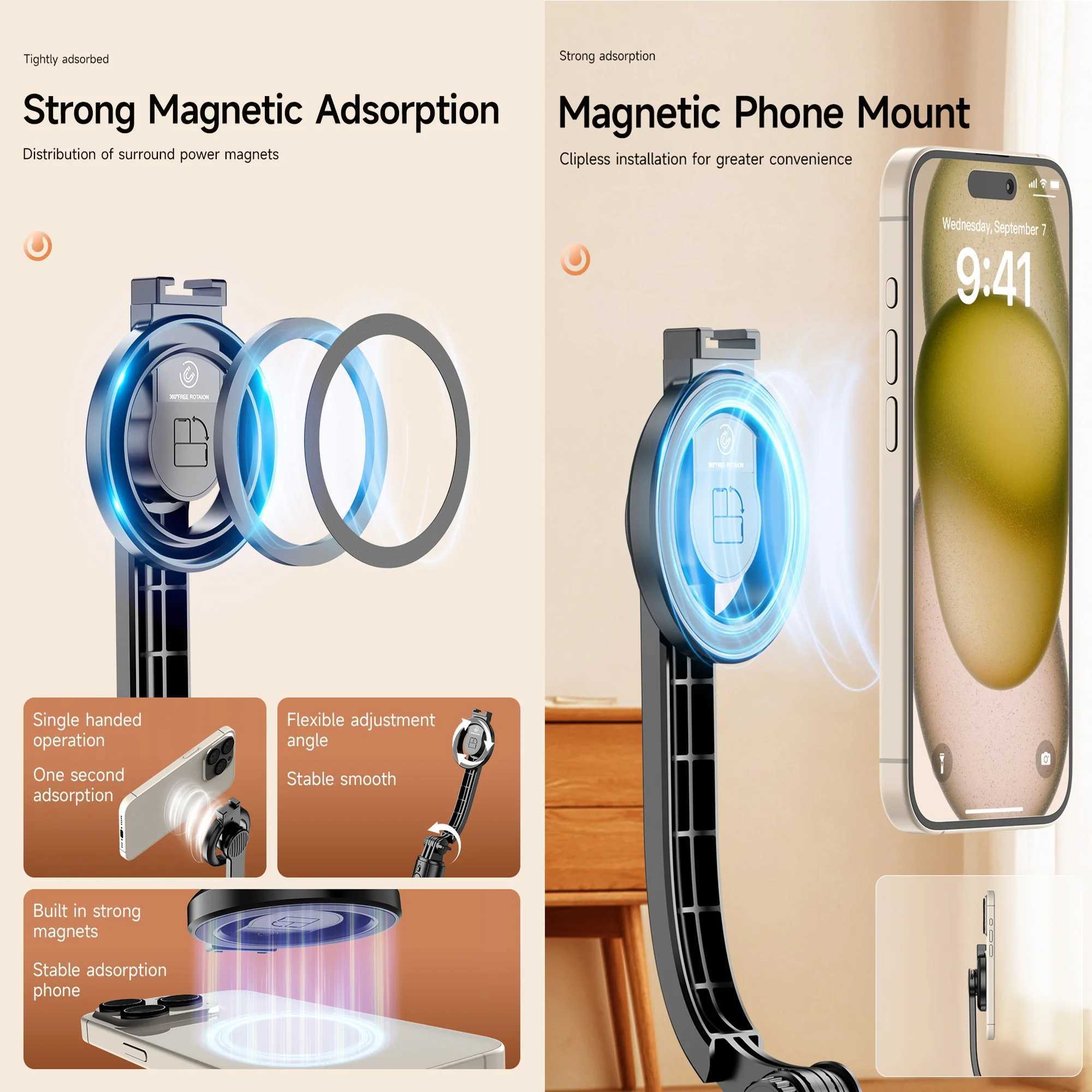 1045mm Magnetic Selfie Stick Tripod with Light Wireless Selfie Stick Tripod with Remote Detachable Phone Holder for SmartphoneM240719