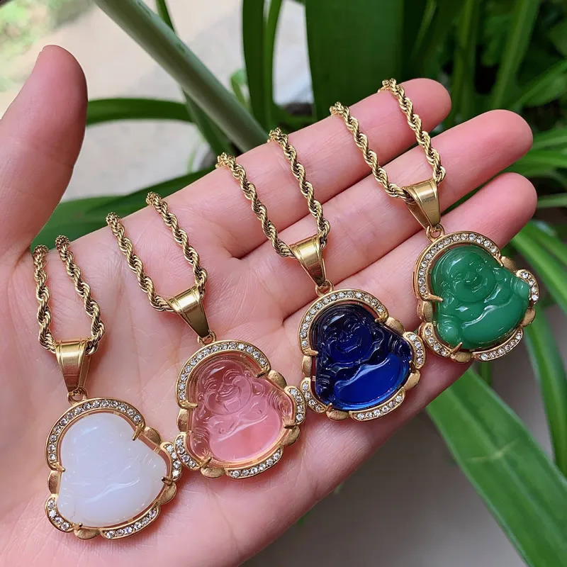Punk Rock Stainless Steel Jewelry Crystal Buddha Pendant Necklace for Women Men Colorful Lampwork Quartz Stone Pendulum Necklace 240723