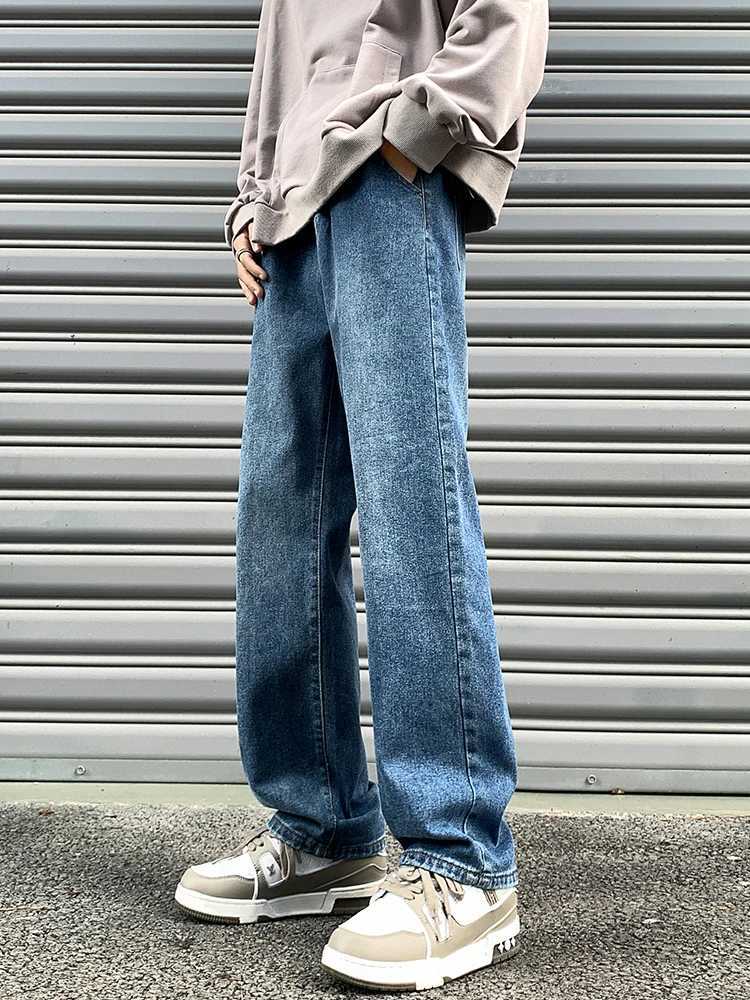 2025S Fashion Designer New High Street Mens Straight Jeans Korean Fashion Elastic Waist Retro Blue Casual Denim Pants Male Baggy Jean Trousers Z