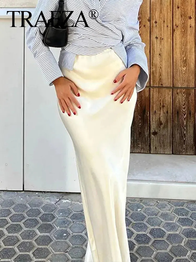 TRAFZA Women Elegant Solid Satin Long Skirt Chic Y2K High Waist Slim Skirts Female Fashion Silk Texture Ladies Tight Midi 240725