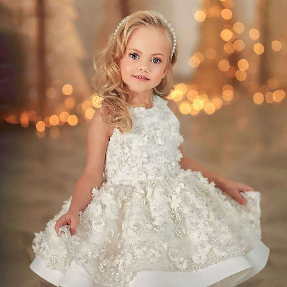 Ivory Wer Girl For Wedding Sleeveless 3D Applique Mini Puffy Kid Birthday Princess Dress First Communion Ball Gowns 0220