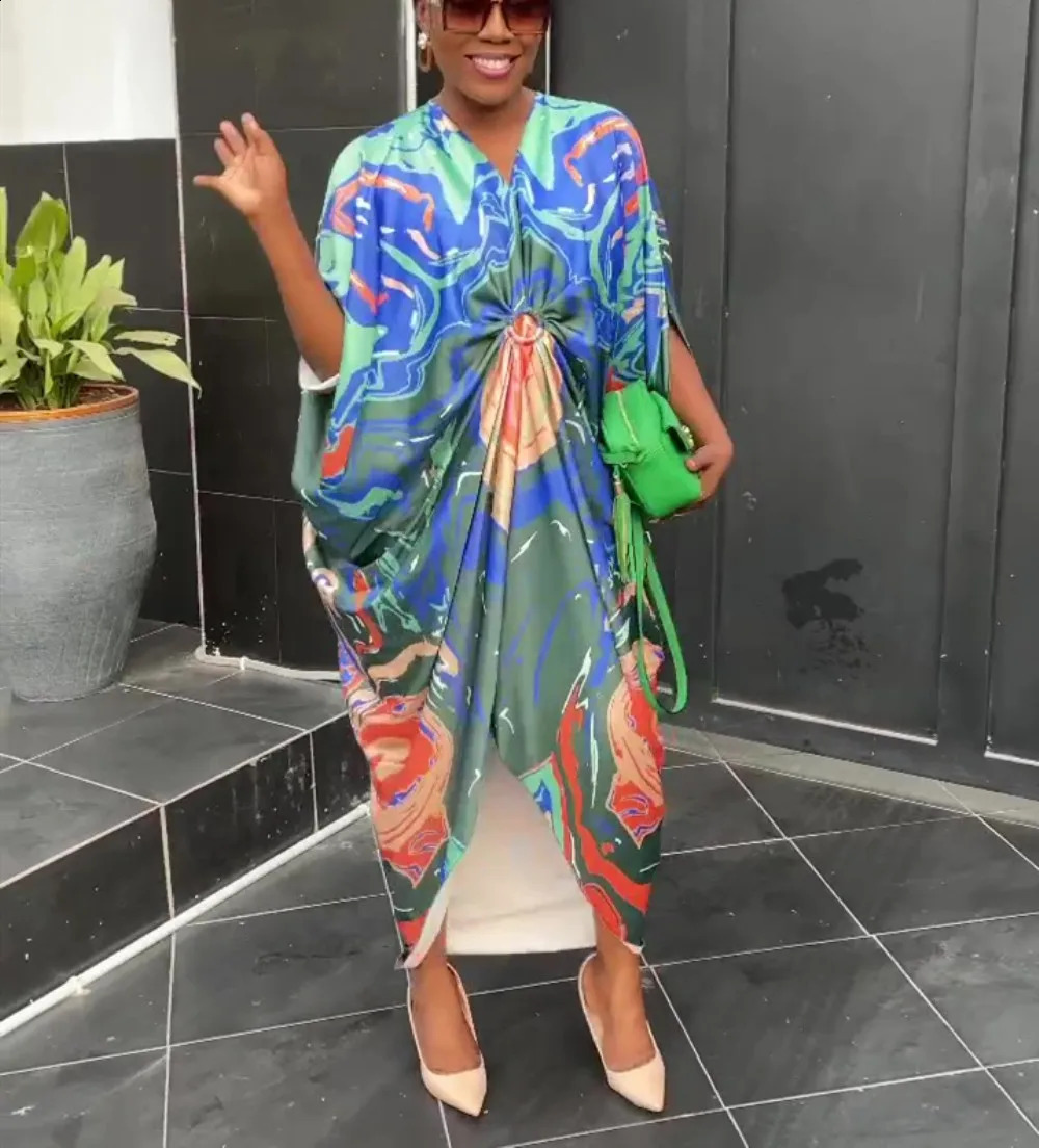 Summer African Printed Maxi Dress Women Causal V Neck Flare Ruffle Sleeve Loose Fit Ruched Front Slit Party Club Long Dress 240715