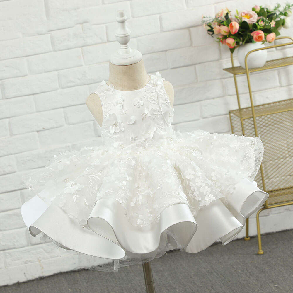 Ivory Wer Girl For Wedding Sleeveless 3D Applique Mini Puffy Kid Birthday Princess Dress First Communion Ball Gowns 0220