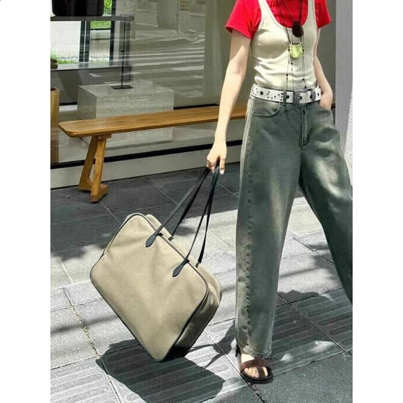 Boston Bags FIRMRANCH Minimalist Square Large Capacity Boston Bag Army Green Canvas Cowhide Womens Single Shoulder Underarm Purse 240726