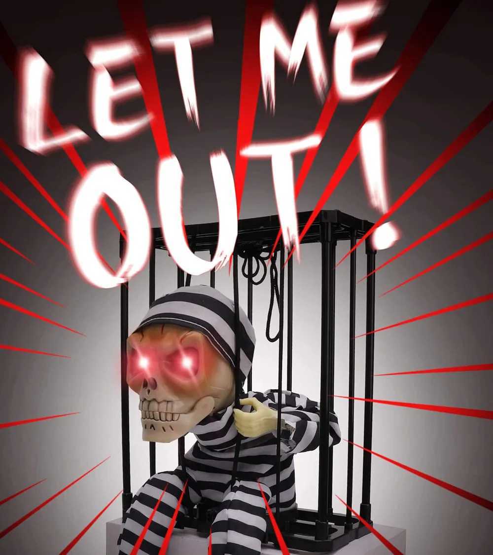 Halloween Scary Skeleton Prisoner Talking Let Me Out With Light Animatronic Prank Speaking Props Hangable Ghost Halloween Decor CL240819