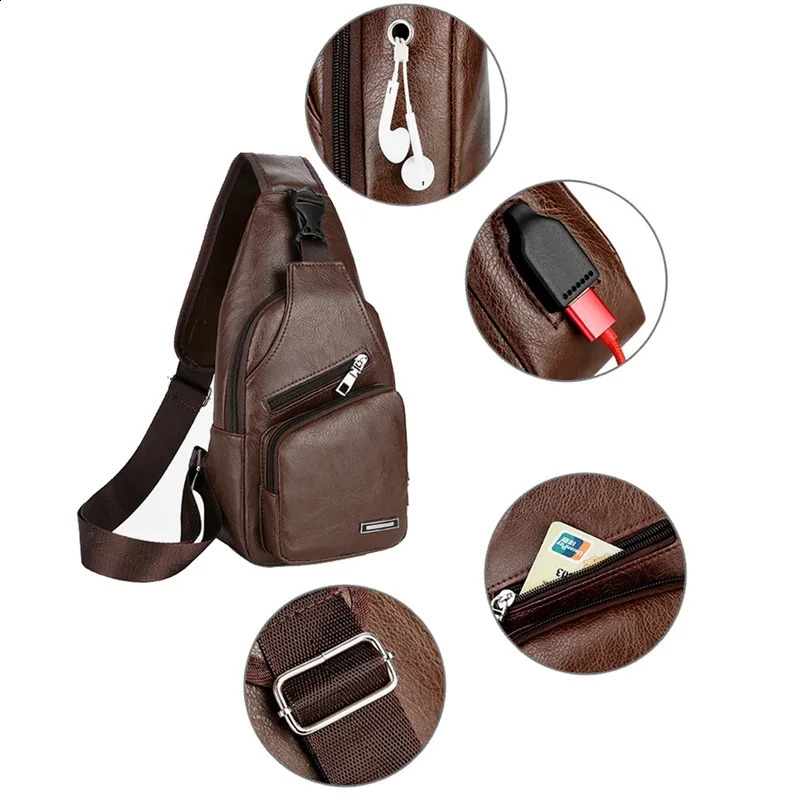 Mens Crossbody Bags USB Chest Bag Messenger bag Leather Shoulder Diagonal Package 2023 Back Pack Travel 240725ZYl