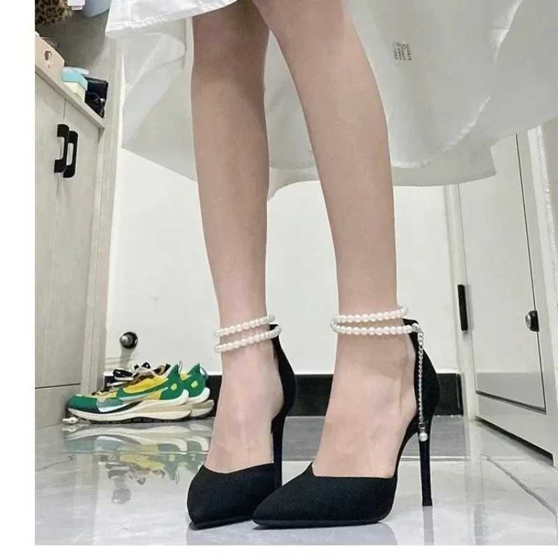 High Quality Black high heels new pump slim toe pearl ankle high-end shoes comfortable womens shoes T241024