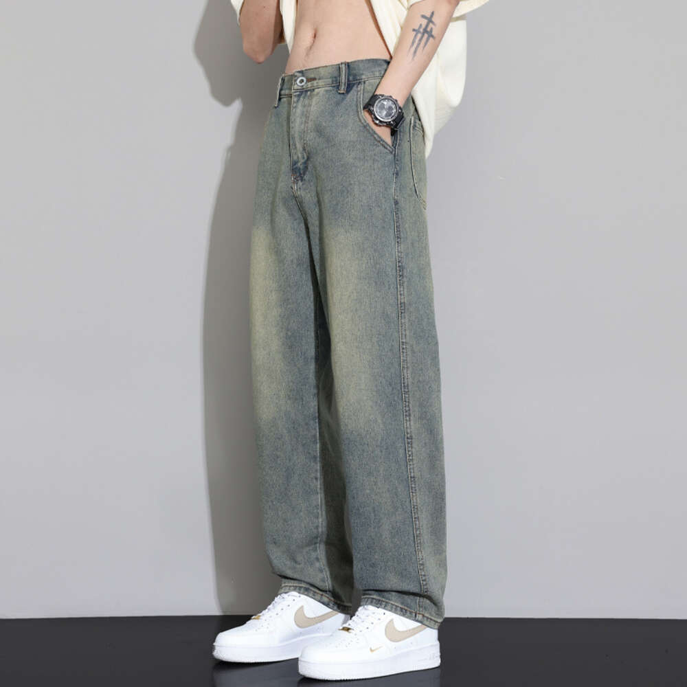 2024 New American Jeans Mens Straight Tube Loose Wide Leg Floor Youth Trendy Brand Casual Pants Straight Tube Jeans for Pregnant Women Men Pants Cotto