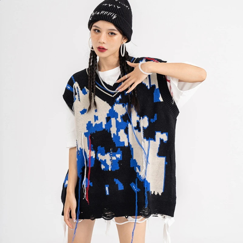 Harajuku Tattered Fringed Sweater Vest Men Womens Y2k Vintage Oversized Knitted Ugly Sleeveless Sweater Black Pullover Spring 240717