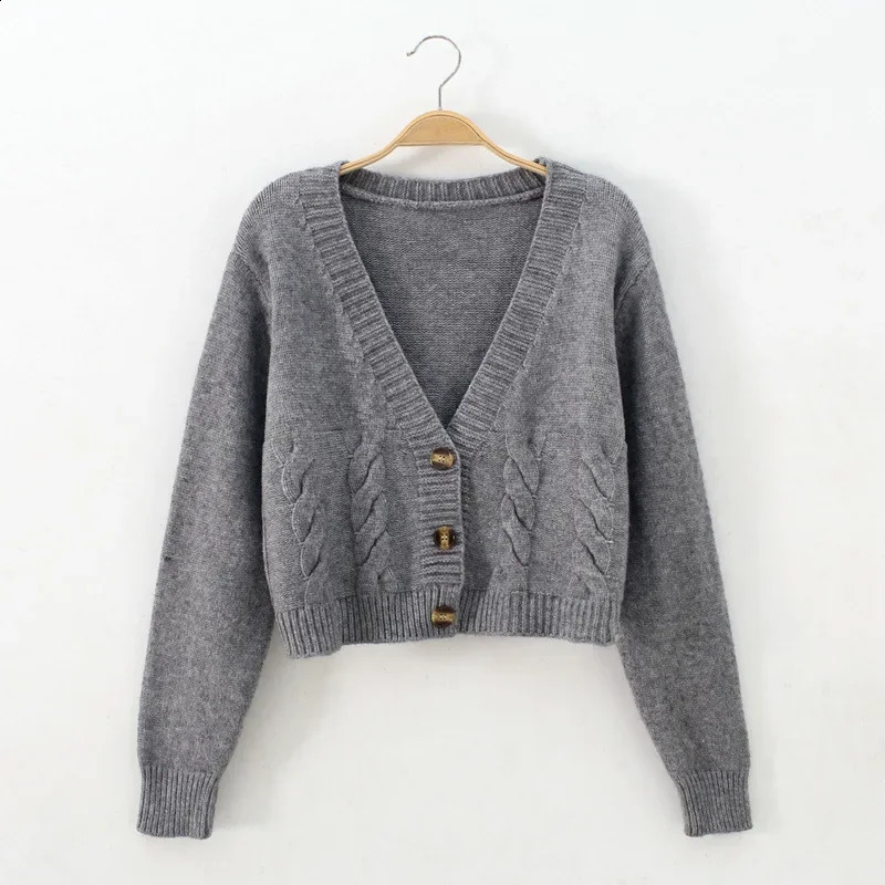 V Neck Cropped Cardigan Women Long Sleeve Twist Knitted Sweater Coats Autumn Winter Keep Warm Korean Fashion Cardigan 240819