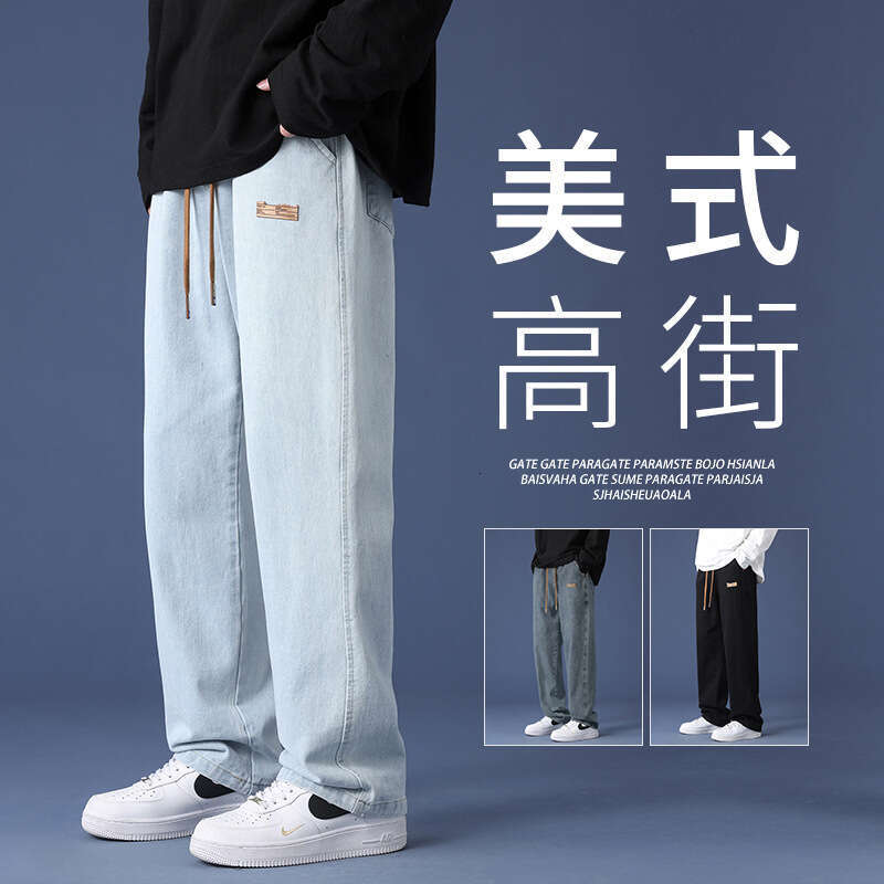 Jeans 2024 Autumn Fashion Brand Loose Straight Tube Clothing Casual High Street American Mens Pants College Style Harlan Sweatpants Half Pants for Men