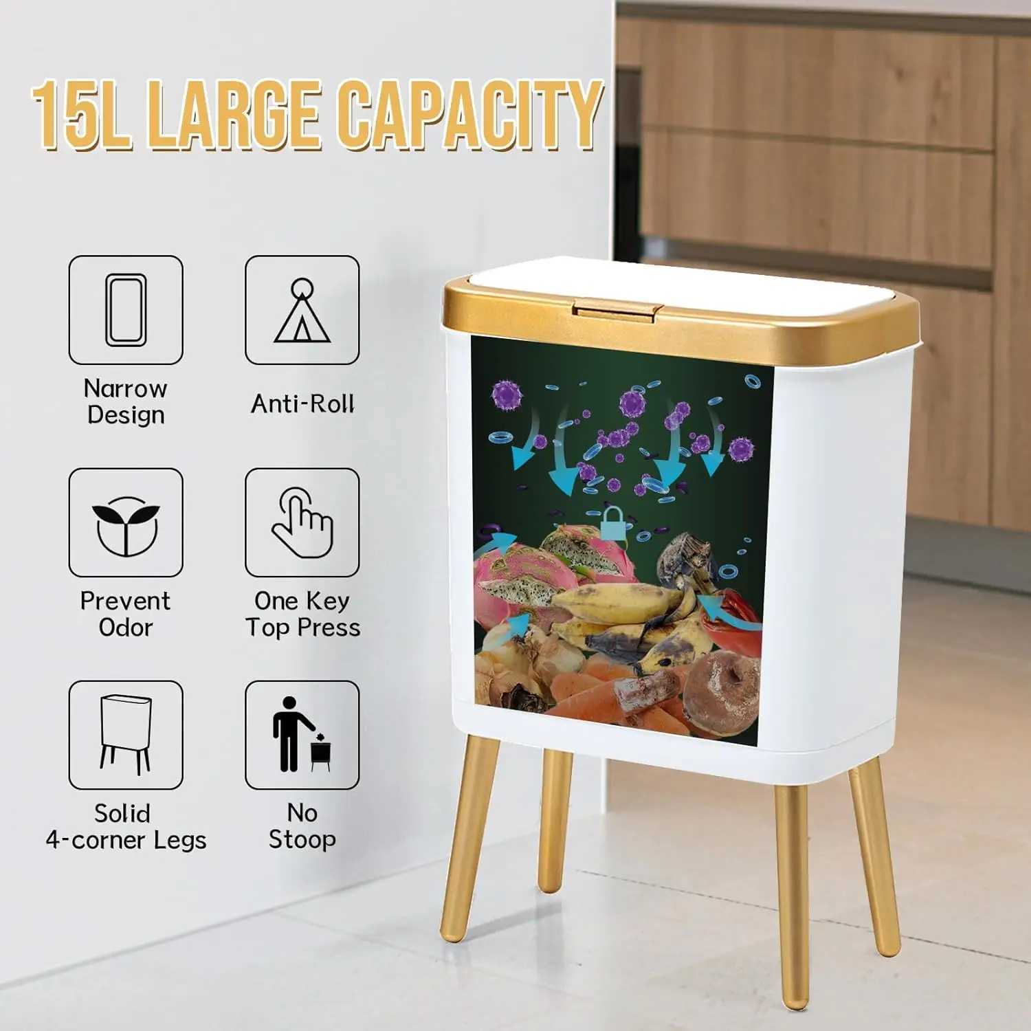 Bathroom Trash Can with Lid 4 Gallon Slim Garbage Can with High Foot Dog Proof Trash Can with Press-TOP Modern White and GoldB240726