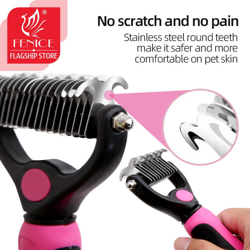 Fenice Professional Dog Comb Rake 2 In 1 Safe Double-Sided Comfortable Handle Pet Grooming Brush For Dog Cat Removing