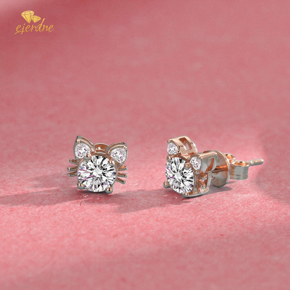 Cosplay ear studs,kitten moissanite stud earrings,S real sterling sier rose gold cat shape Earring Hypoallergenic, Pass dia tester with GRA