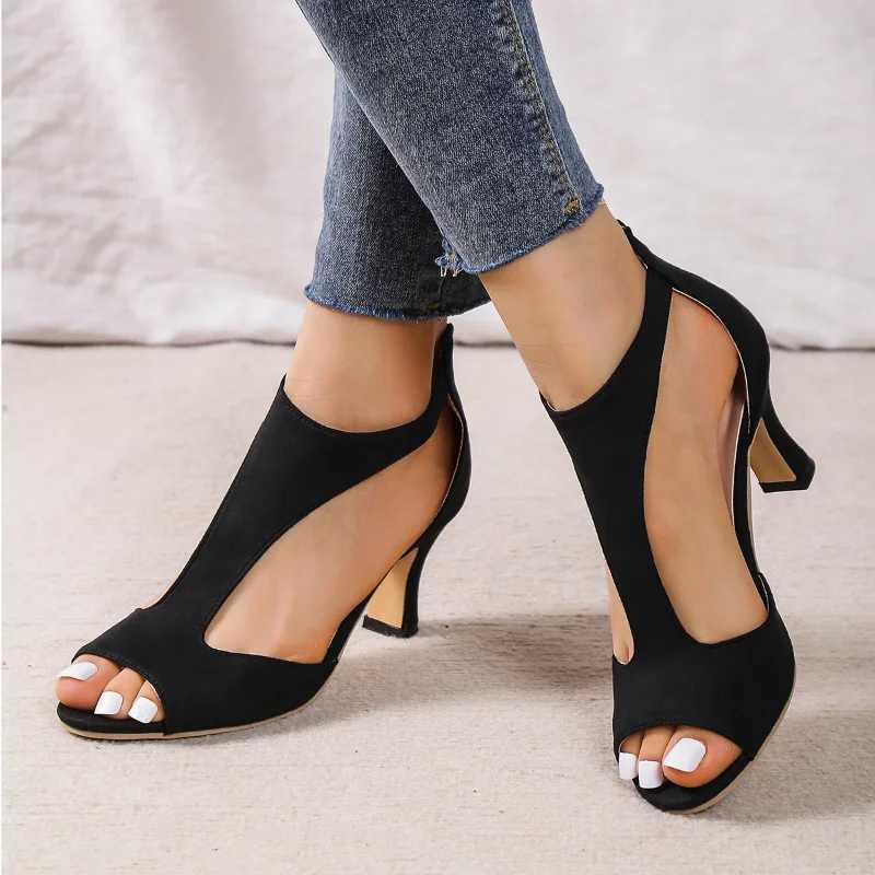 High Quality Summer New Brushed Leather Fish Mouth Sandals Womens Back Zipper Sexy Solid Color Comfortable High Heel Single Shoes Women T241227