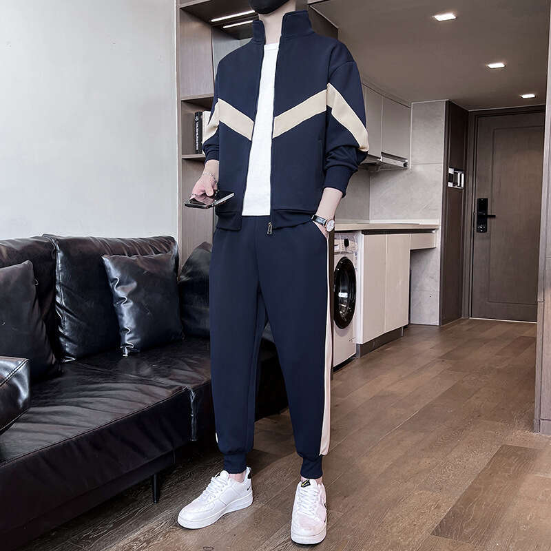 2024 Spring New Casual Mens Contrast Splicing Stand Up Collar Two Piece Set Sports Youth Korean Edition Loose Nine Points Hip-hop Style Men Pants Cott