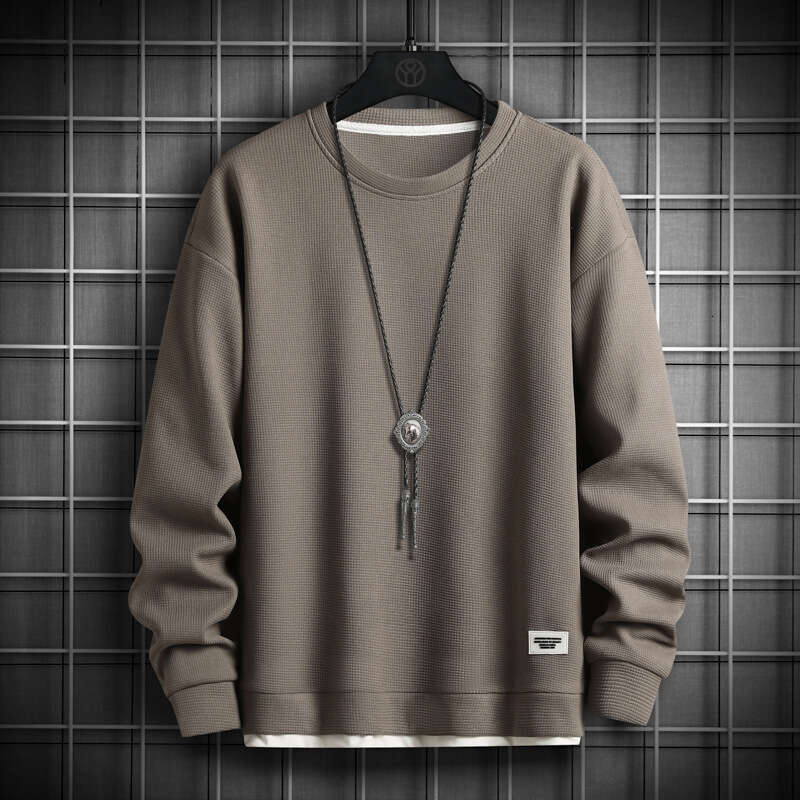 Sweatshirt Men's Trendy Brand Waffle Fake Two Pieces 2024 Spring and Autumn New Item for Teenagers Loose Round Neck Long Sleeved T-shirt Men Hodd