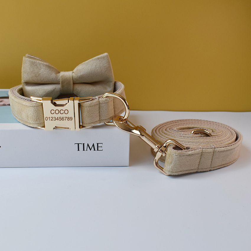 Free Engrave Fabric Dog Collar Leash Set For Medium Big Pet Necklace With Bow Tie Khaki Velvet Name Necklace Flannelette 09