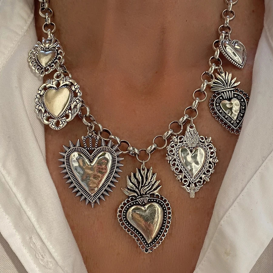 Creative Unique Chain Heart Necklace Fashion Pendant Neck Jewelry Handmade Female Vintage Beach Kolye Wholesale Statement 240723