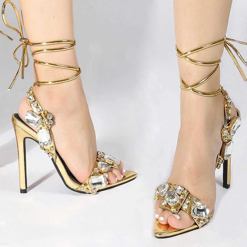 New Arrival Liyke sexy Ankle Strap gold sandals womens party nightclub stripping shoes high-quality crystal diamond toe wedding shoes T250409