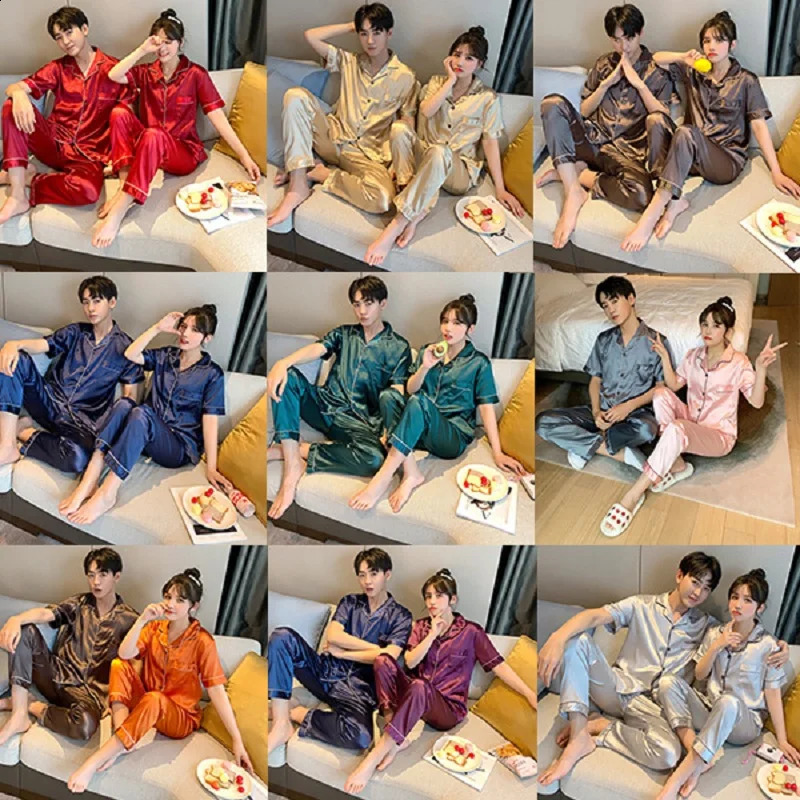 Summer Lovers Pyjama Suit Pajamas Couples Silk Sleepwear Satin Nightgown Women Short Sleeve Pijamas Men Lounge Plus Size Pj Set 240726