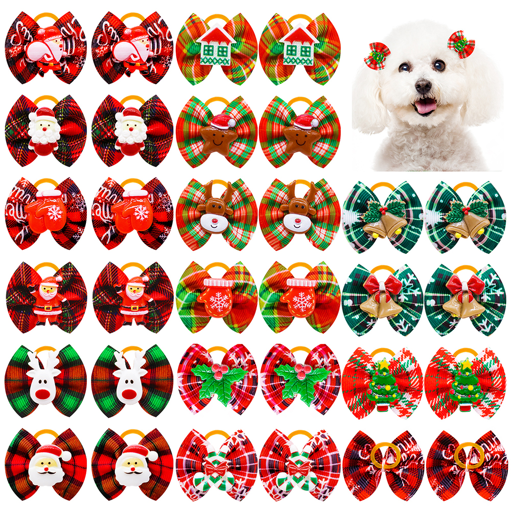 10PCS Christmas Dog Hair Bows Dog Accessories with Rubber Bands Dog Bows for Small Snowflake Hair Accessories Pet Grooming