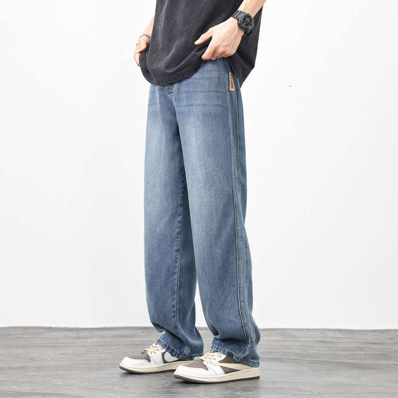 Lyocell Tencel Elastic Jeans for Mens 2024 Summer Thin Ice Silk Wide Loose Straight Leg Casual Pants Simplicity Sport Nine Points Waterproof Trousers 