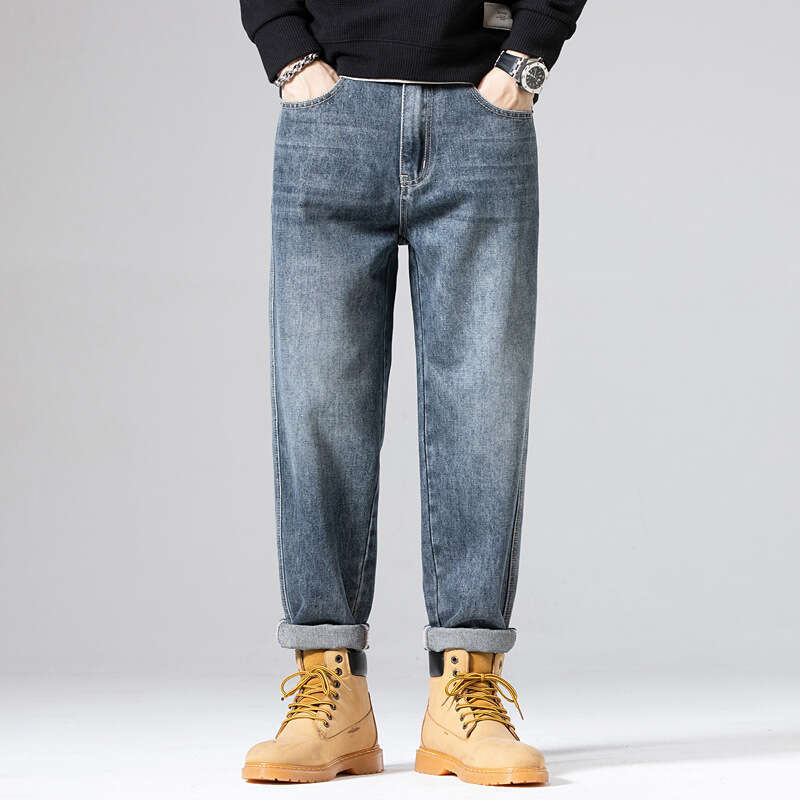 Spring and Autumn New Men 2024 Korean Version Straight Leg Jeans Mens Micro Elastic Casual Plus Size High-end Harun Pants Nine Points Jeans for Pregna