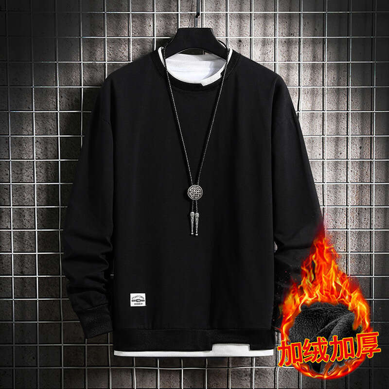 Sweatshirt 2024 Autumn Winter Plus Velvet Long Sleeved T-shirt and Teenagers Fake Two-piece Round Neck Casual Sweatshirt Top Men Hoody Designer Hoodie