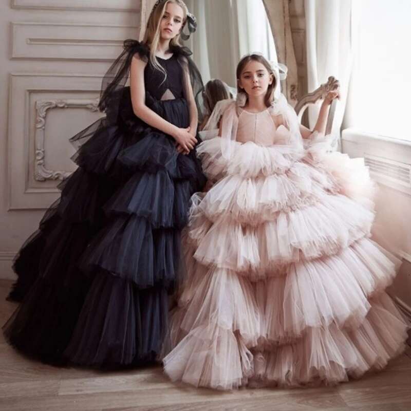 wer Girl Dresses Pink Black Tulle Tiered With Taig Bow Sleeve For Wedding Birthday Party First Communion Gowns