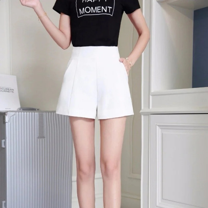 Women Shorts Spring Summer Casual High Waist Aline Loose Wide Leg Chiffon Chic Lady Black White Suit 240725