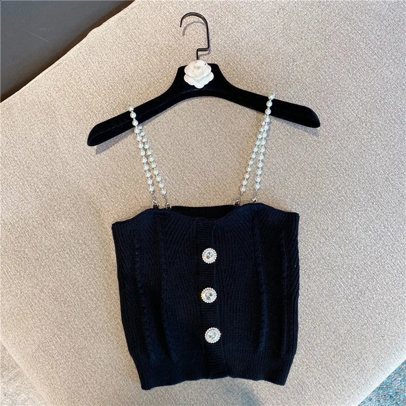 Women's corset top Summer Rhinestone buckle short knitted spaghetti strap knitted vest Camis crop top for women 240726