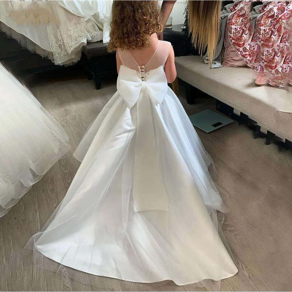 Simple White Child wer Girl Dresses for Weddings Satin A-e Tulle Bow Long Bridesmaid Pageant Robe First Communion Gown