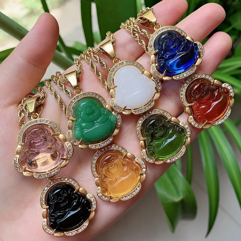 Punk Rock Stainless Steel Jewelry Crystal Buddha Pendant Necklace for Women Men Colorful Lampwork Quartz Stone Pendulum Necklace 240723